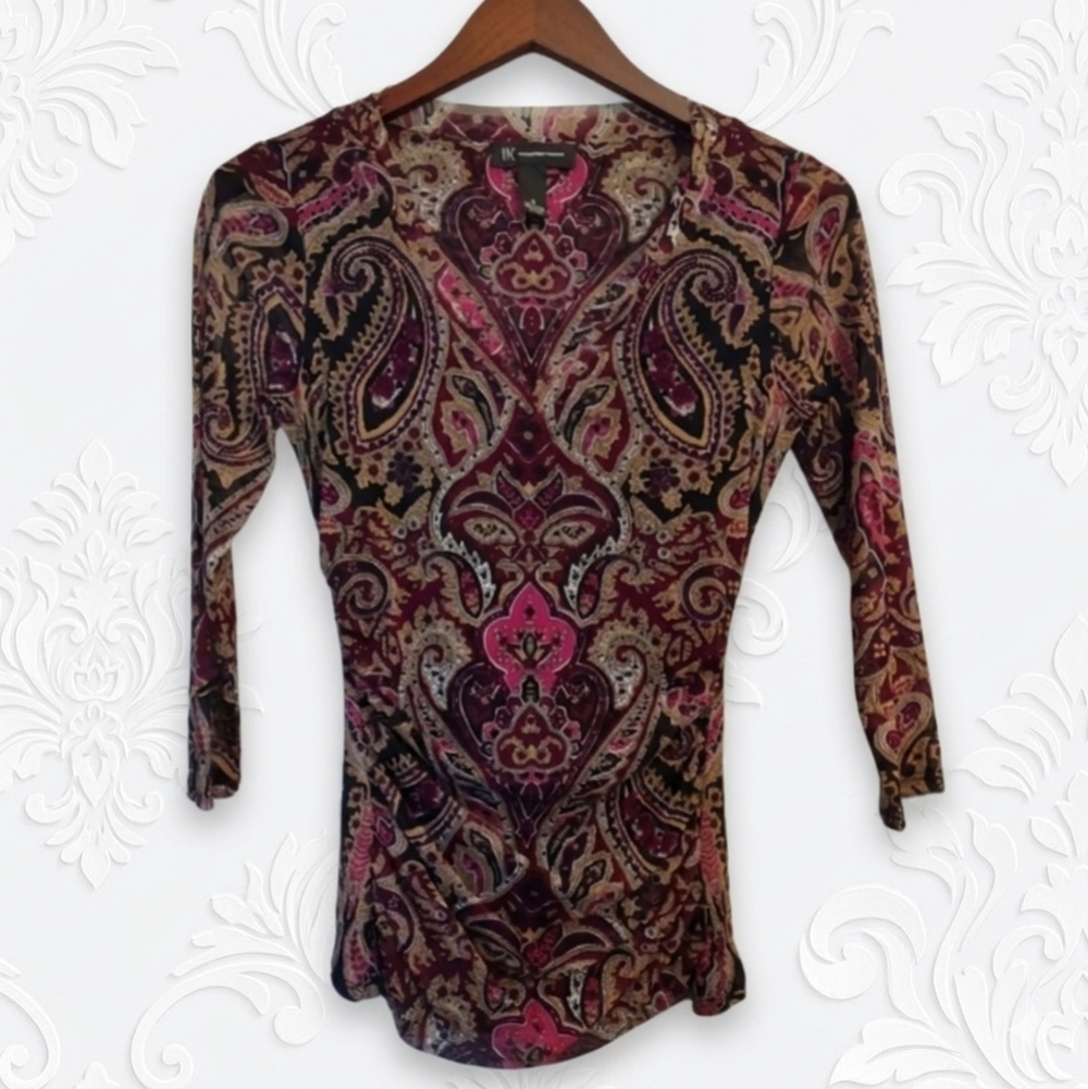 INC International Concepts Paisley Print Ruched V-Neck Size Small